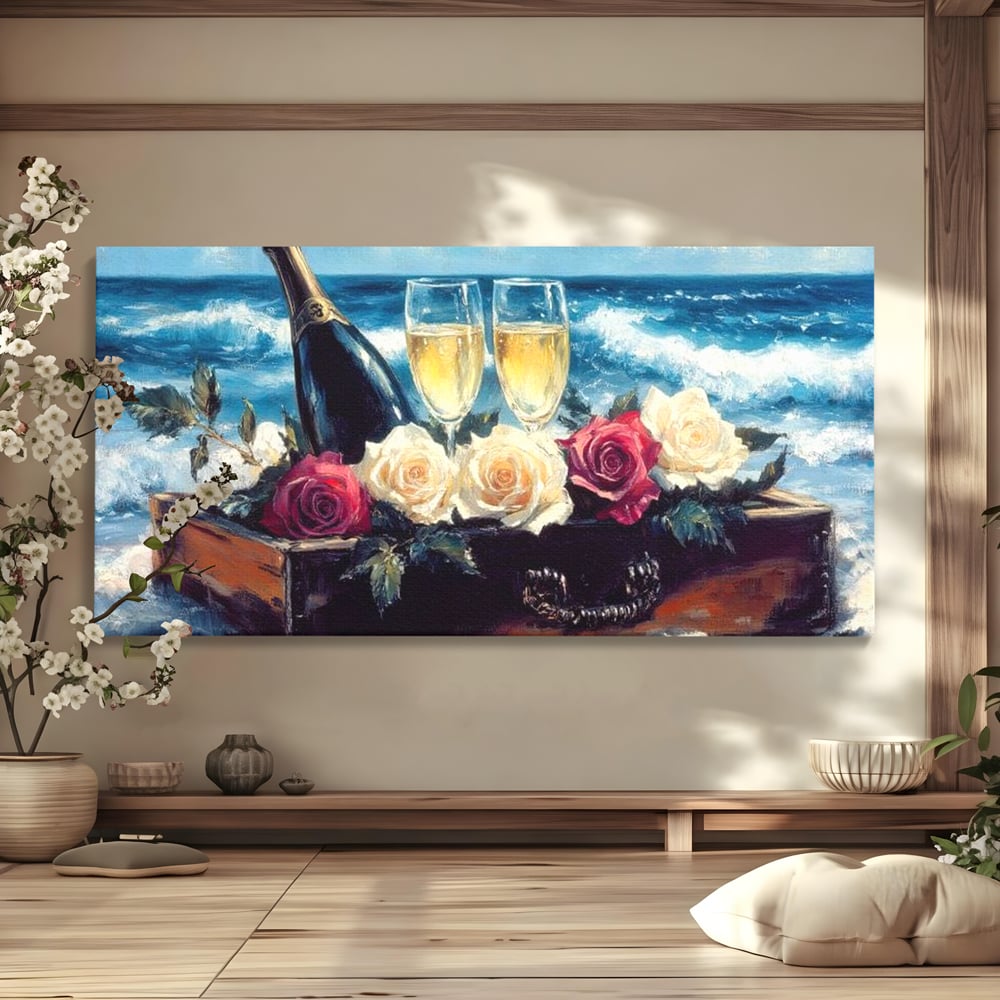 Tablou canvas cu pictura cu sampanie si trandafiri pe malul marii, fara rama, pe sasiu de lemn